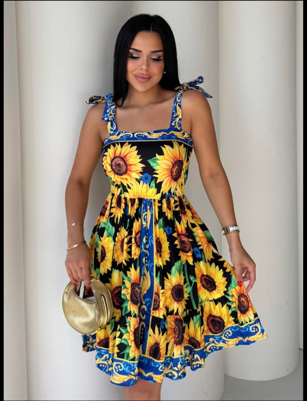 Black and yellow sunflower print summer midi dress with bow tie shoulder straps