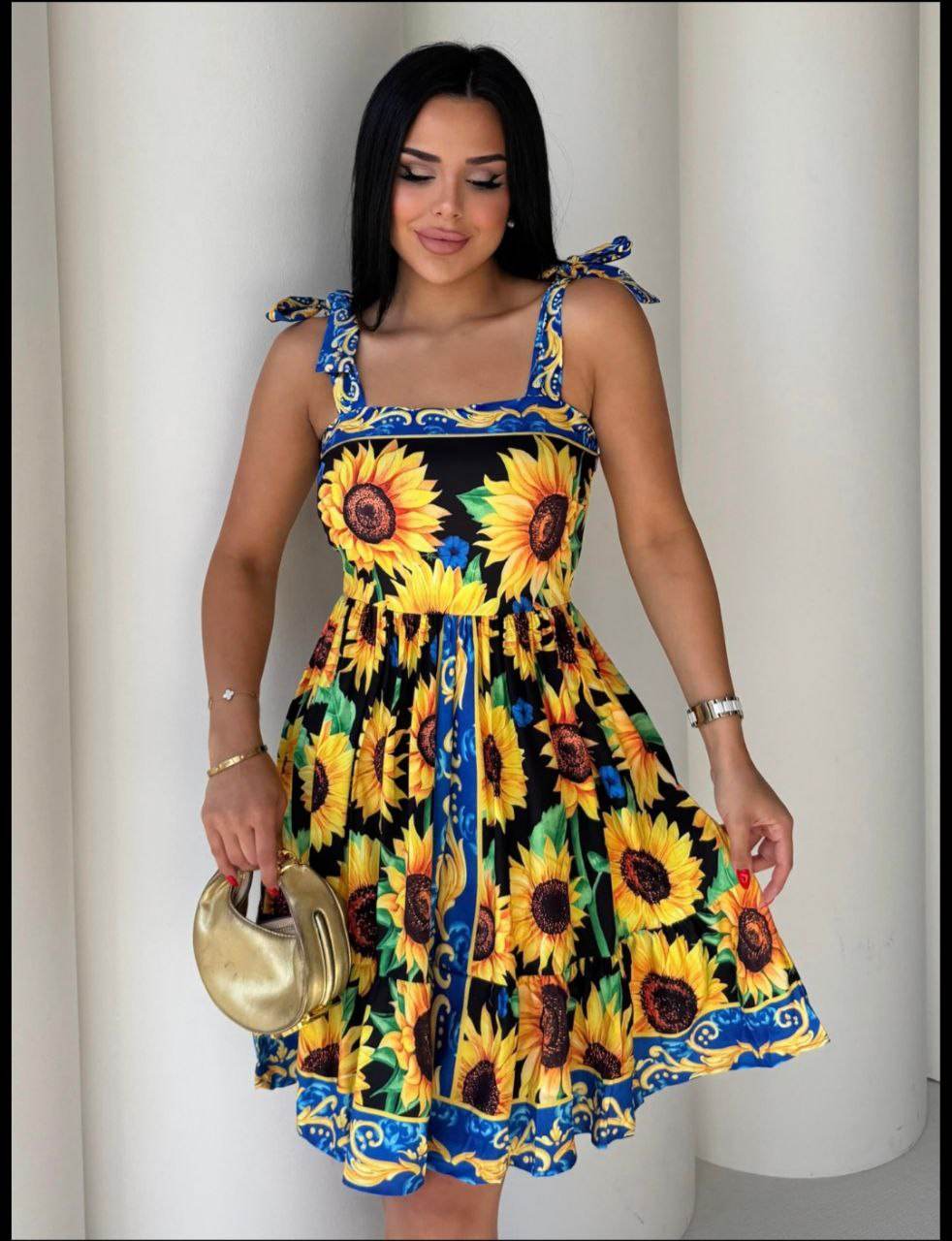 Sunflower Print Summer Dress – Black & Yellow Midi with Bow Straps - Biamonde