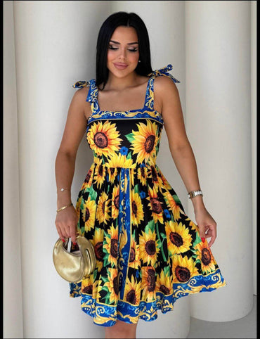 Sunflower Print Summer Dress – Black & Yellow Midi with Bow Straps - Biamonde