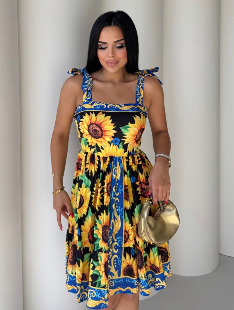 Black and yellow sunflower print summer midi dress with bow tie shoulder straps
