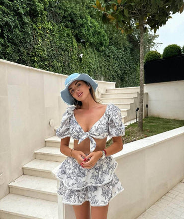 Two-Piece Ruffle Sleeve Set – Blue Toile Print or Classic Black - Biamonde