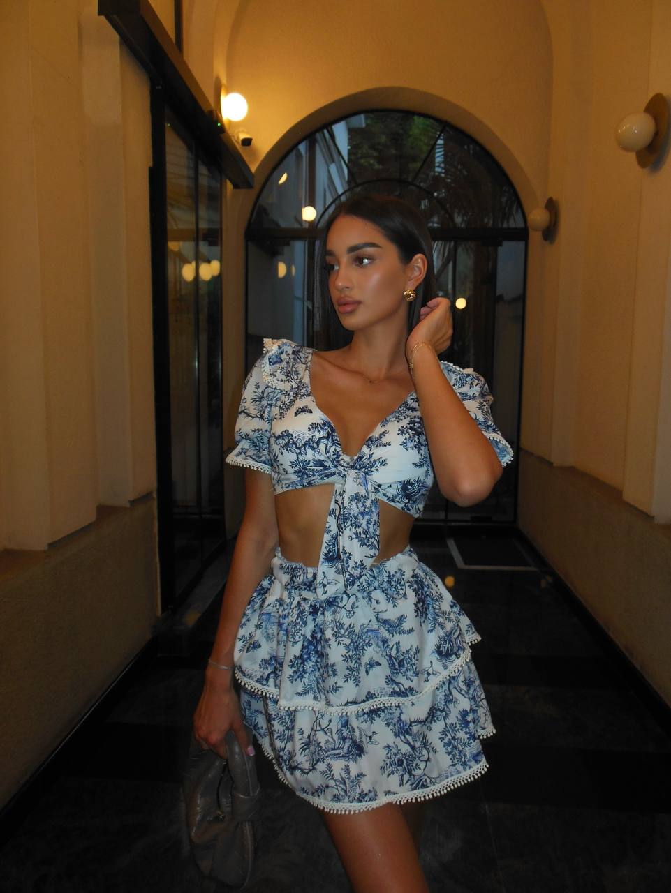 Blue toile print two-piece set with ruffle sleeves and matching bottom