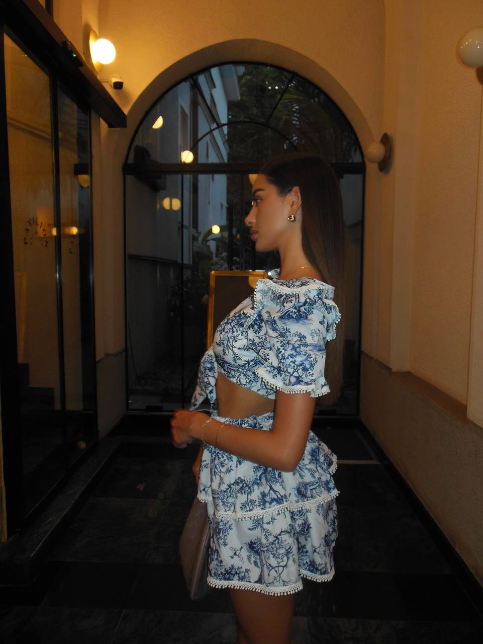 Blue toile print two-piece set with ruffle sleeves and matching bottom
