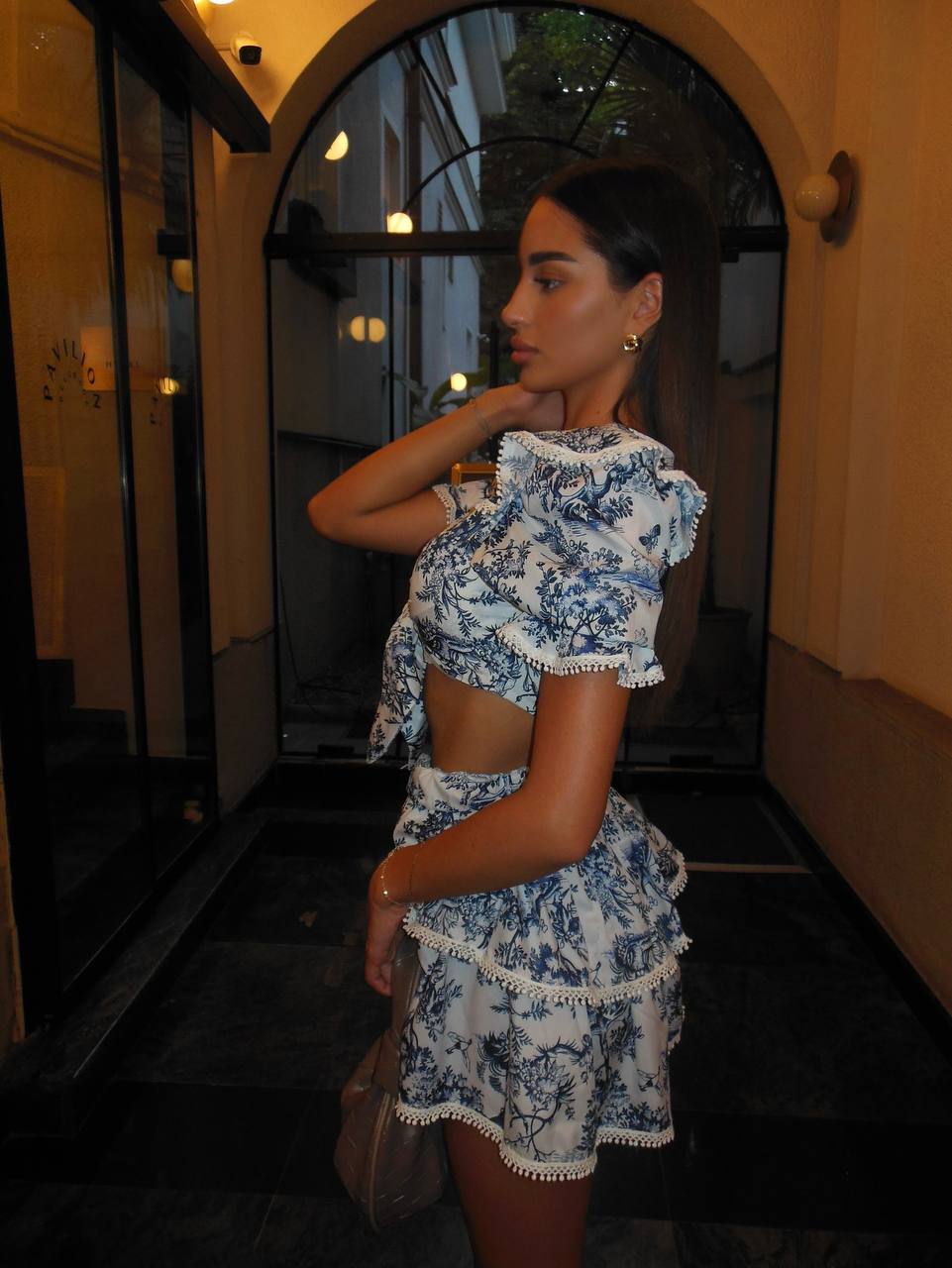 Blue toile print two-piece set with ruffle sleeves and matching bottom