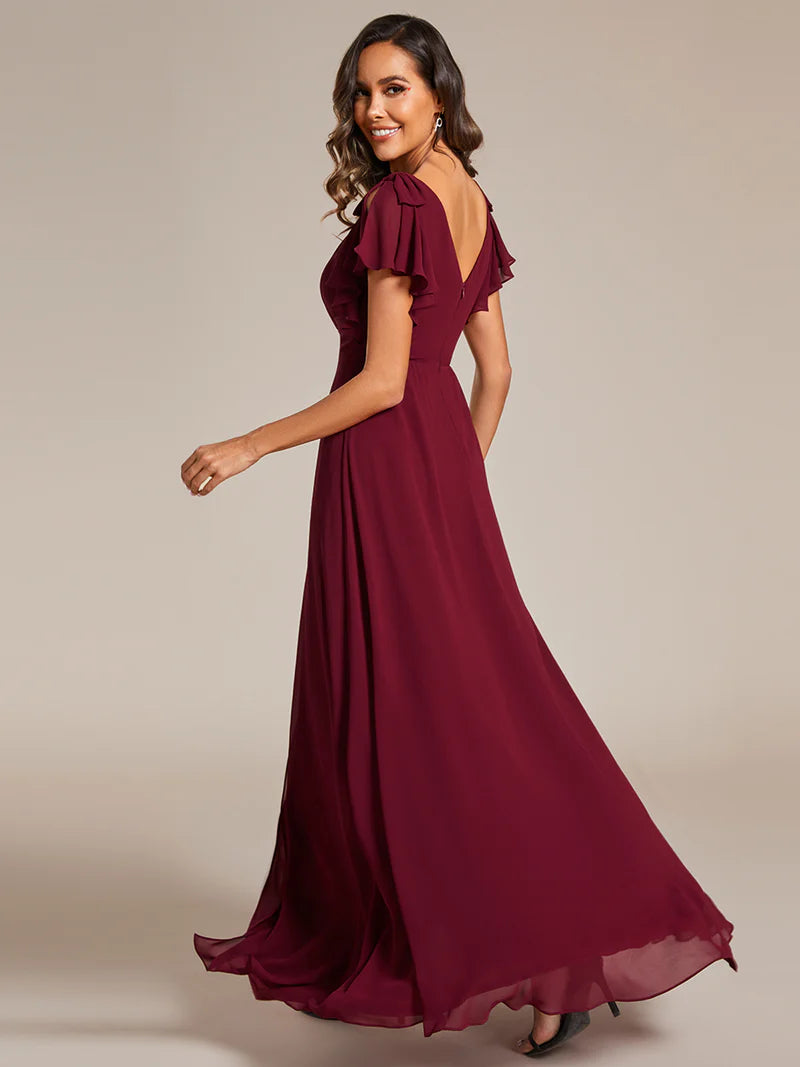 V-neck chiffon burgundy bridesmaid dress with ruffle split sleeves and decorative bowknot