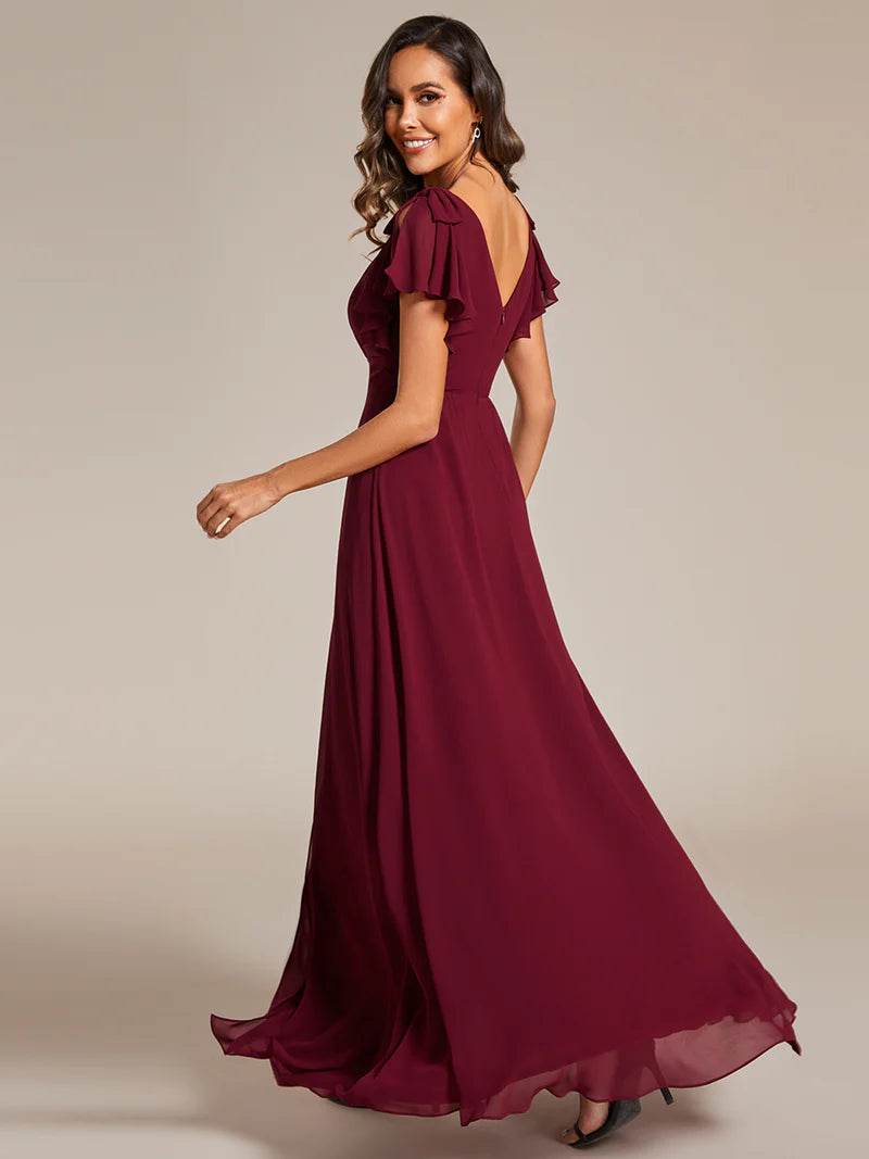 V-Neck Chiffon Bridesmaid Dress with Ruffle Split Sleeves and Bowknot Detail - Biamonde