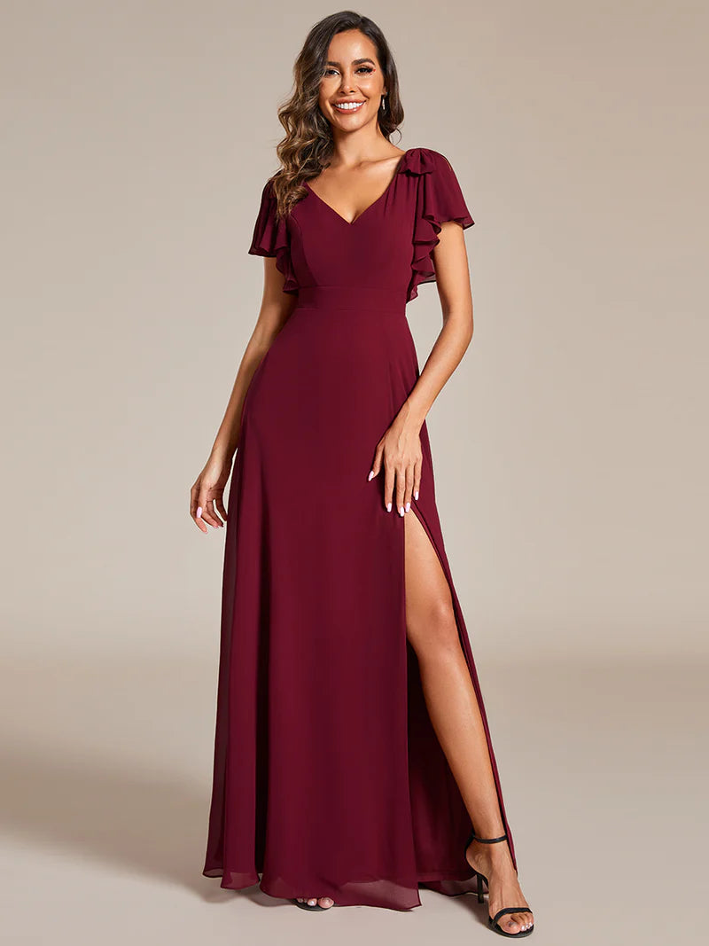 V-neck chiffon burgundy bridesmaid dress with ruffle split sleeves and decorative bowknot
