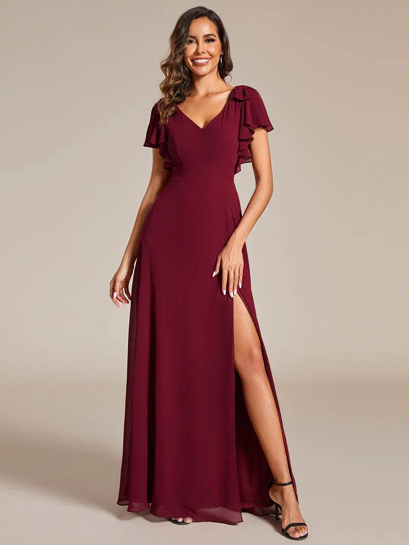 V-Neck Chiffon Bridesmaid Dress with Ruffle Split Sleeves and Bowknot Detail - Biamonde