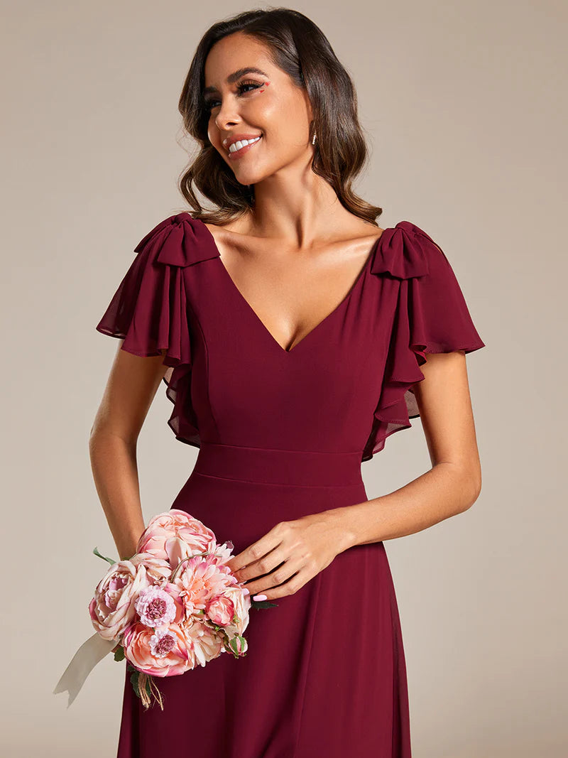 V-neck chiffon burgundy bridesmaid dress with ruffle split sleeves and decorative bowknot