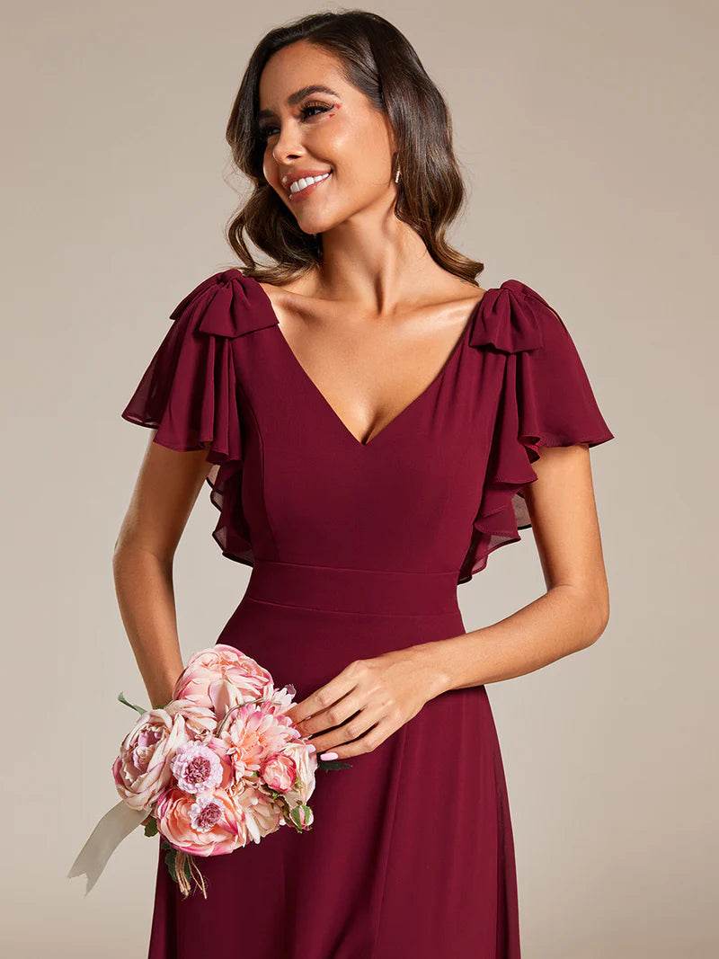 V-Neck Chiffon Bridesmaid Dress with Ruffle Split Sleeves and Bowknot Detail - Biamonde