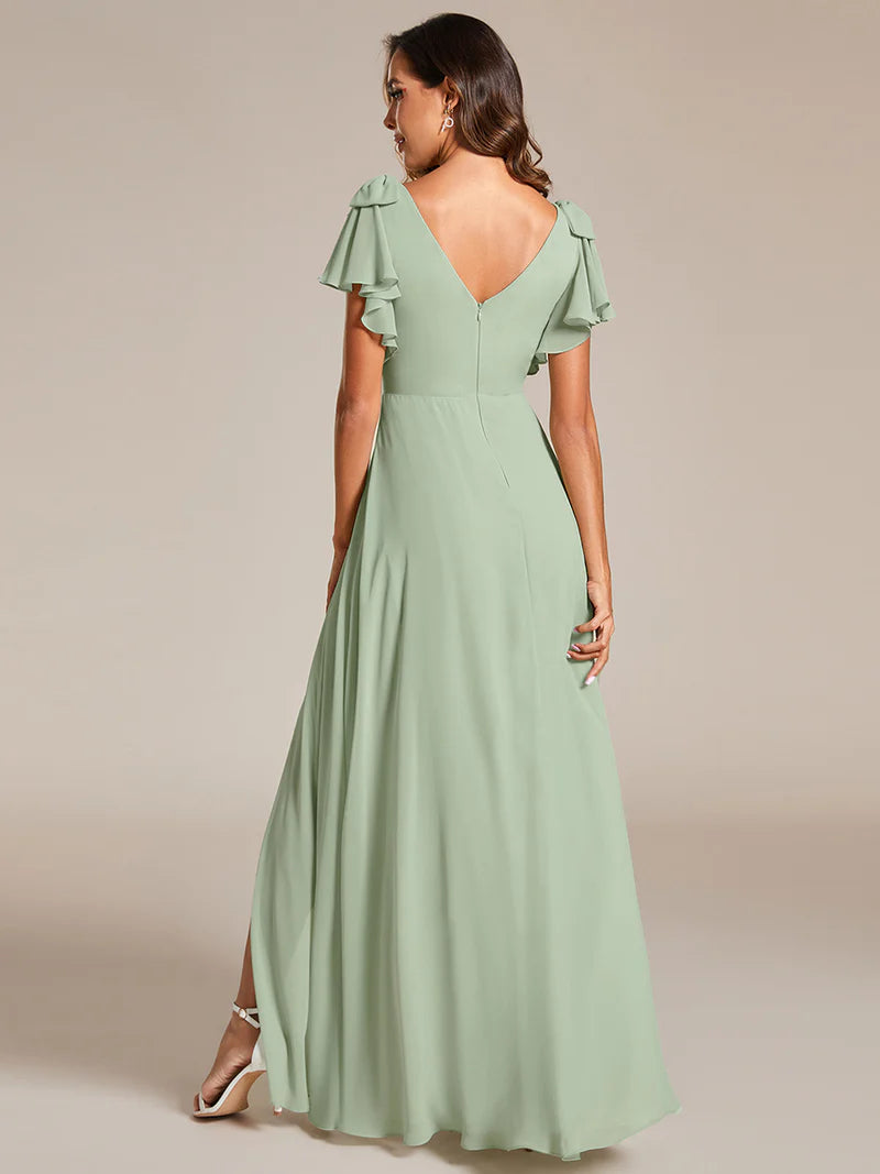 V-neck chiffon mint green bridesmaid dress with ruffle split sleeves and decorative bowknot