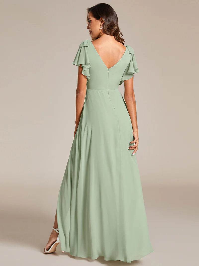 V-Neck Chiffon Bridesmaid Dress with Ruffle Split Sleeves and Bowknot Detail - Biamonde