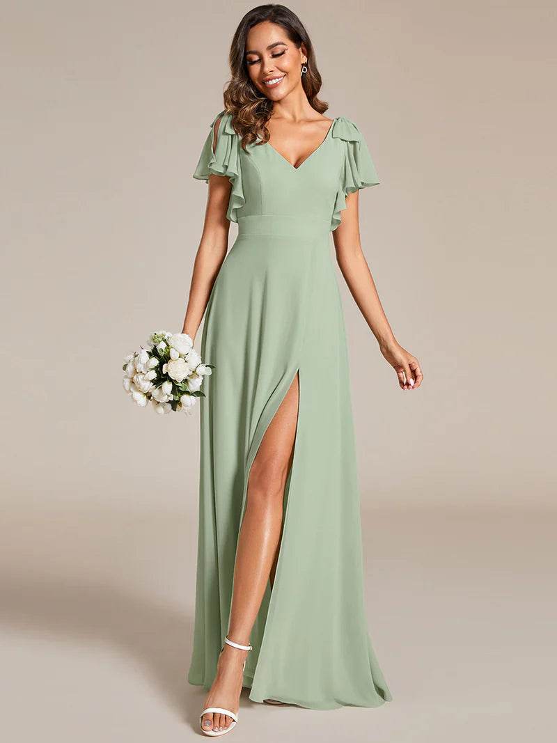 V-Neck Chiffon Bridesmaid Dress with Ruffle Split Sleeves and Bowknot Detail - Biamonde