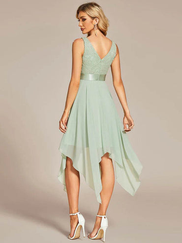 V-Neck Lace Chiffon Homecoming & Prom Dress – Elegant Short Formal Gown - Biamonde