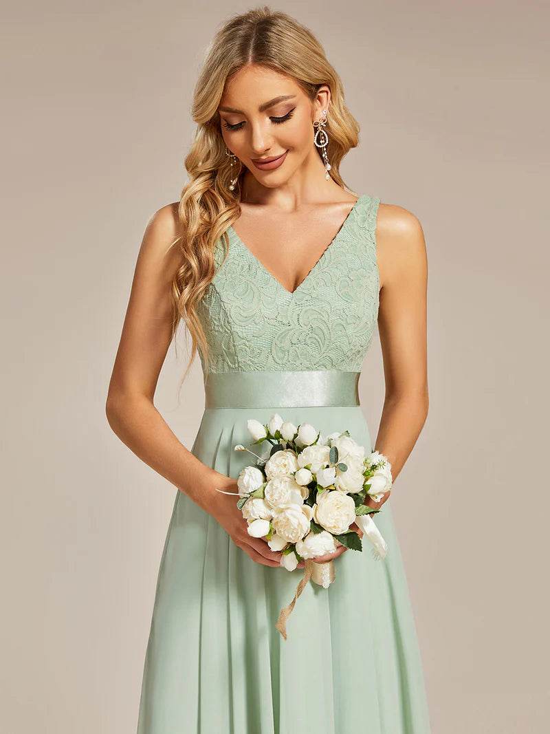 V-Neck Lace Chiffon Homecoming & Prom Dress – Elegant Short Formal Gown - Biamonde
