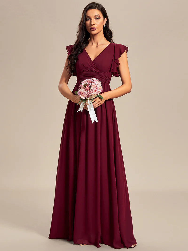 V-Neck Ruffle Bridesmaid Dress – Pleated & Belted Chiffon Gown