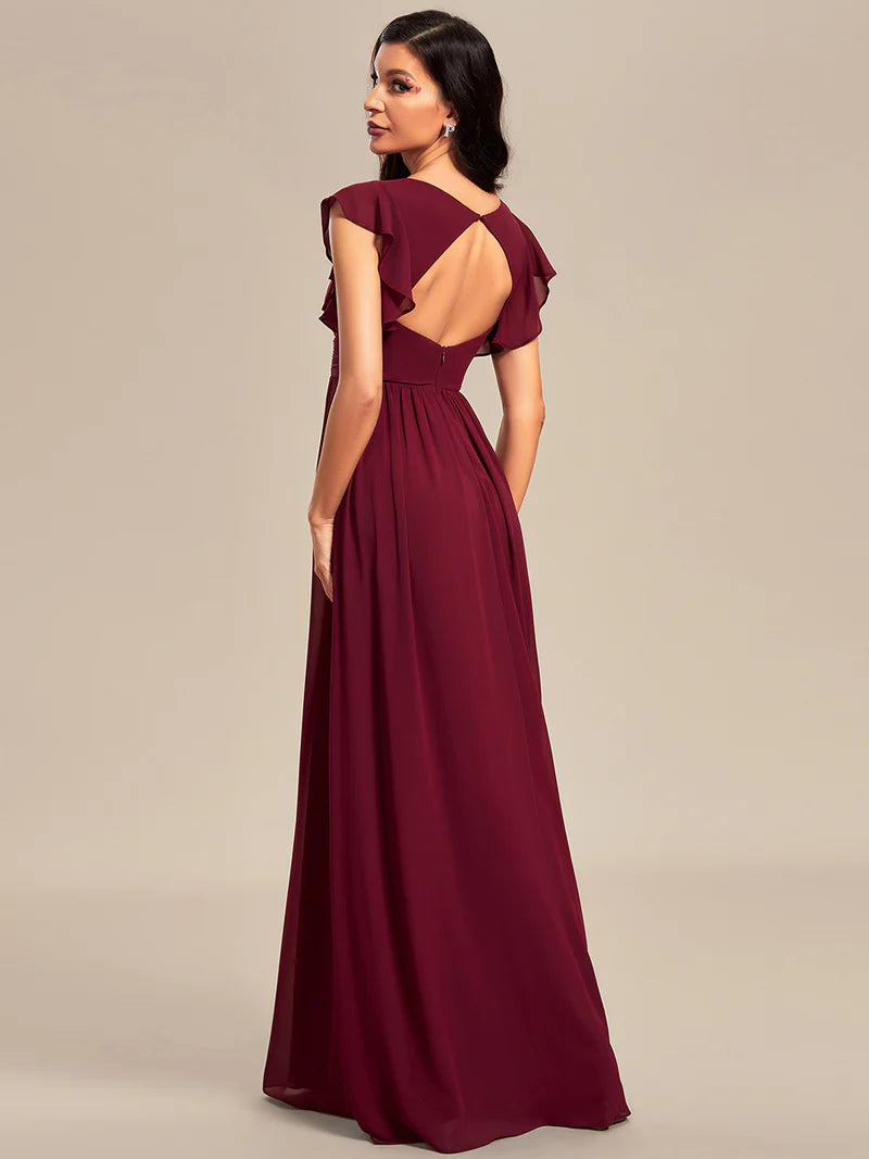 V-Neck Ruffle Bridesmaid Dress – Pleated & Belted Chiffon Gown