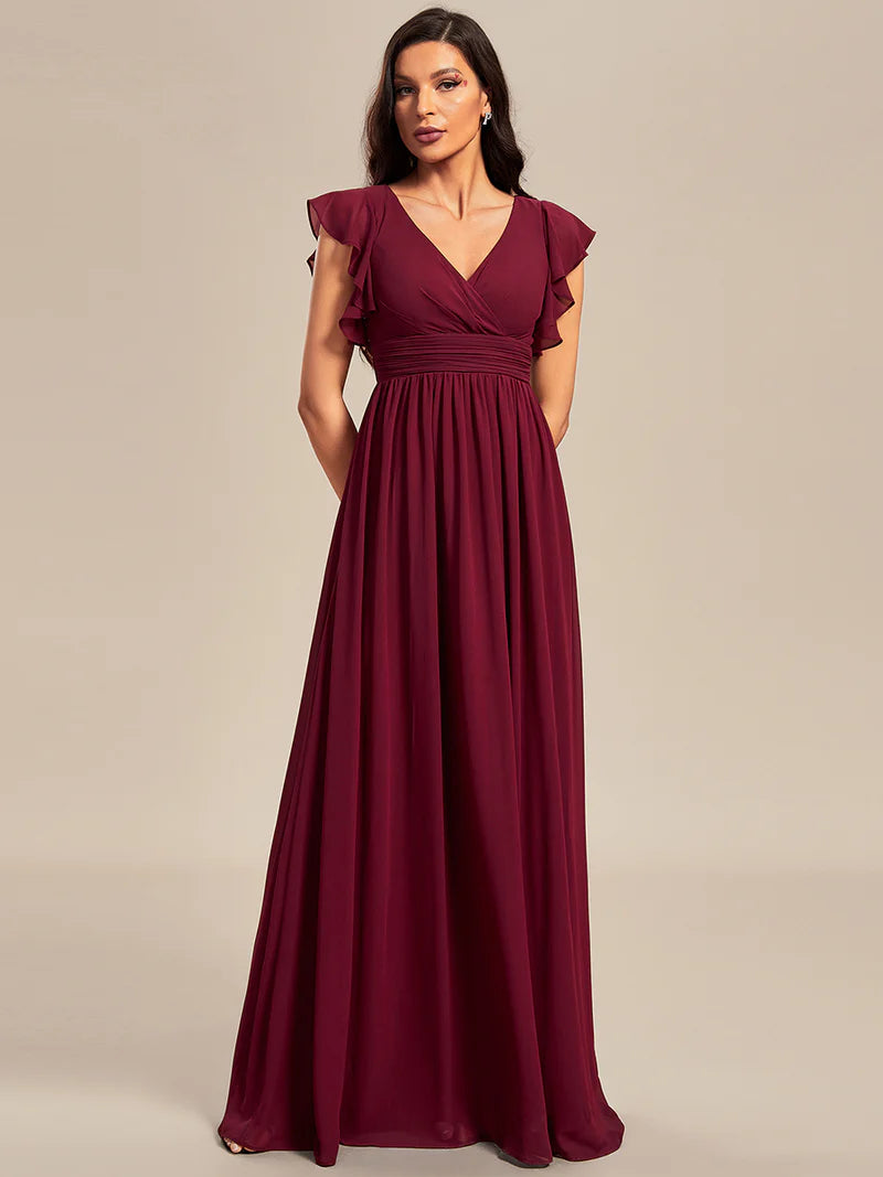 V-Neck Ruffle Bridesmaid Dress – Pleated & Belted Chiffon Gown
