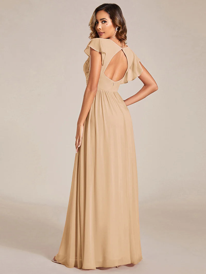 V-Neck Ruffle Bridesmaid Dress – Pleated & Belted Chiffon Gown