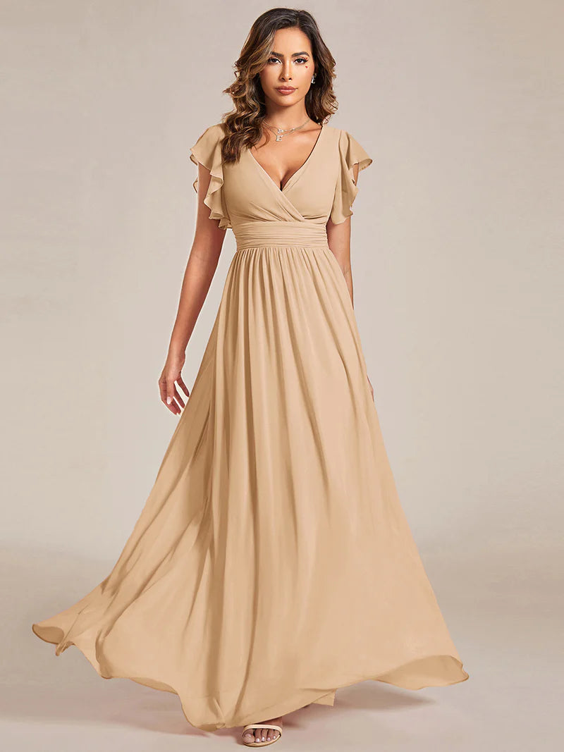 V-Neck Ruffle Bridesmaid Dress – Pleated & Belted Chiffon Gown