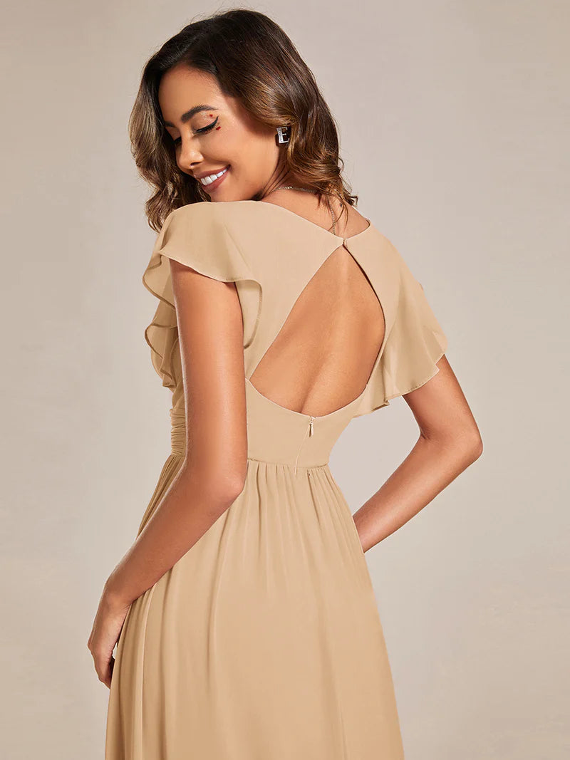 V-Neck Ruffle Bridesmaid Dress – Pleated & Belted Chiffon Gown