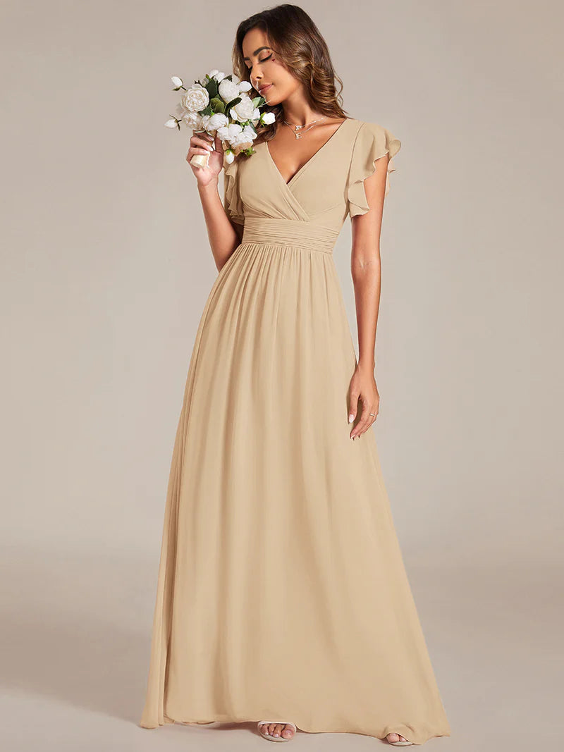 V-Neck Ruffle Bridesmaid Dress – Pleated & Belted Chiffon Gown