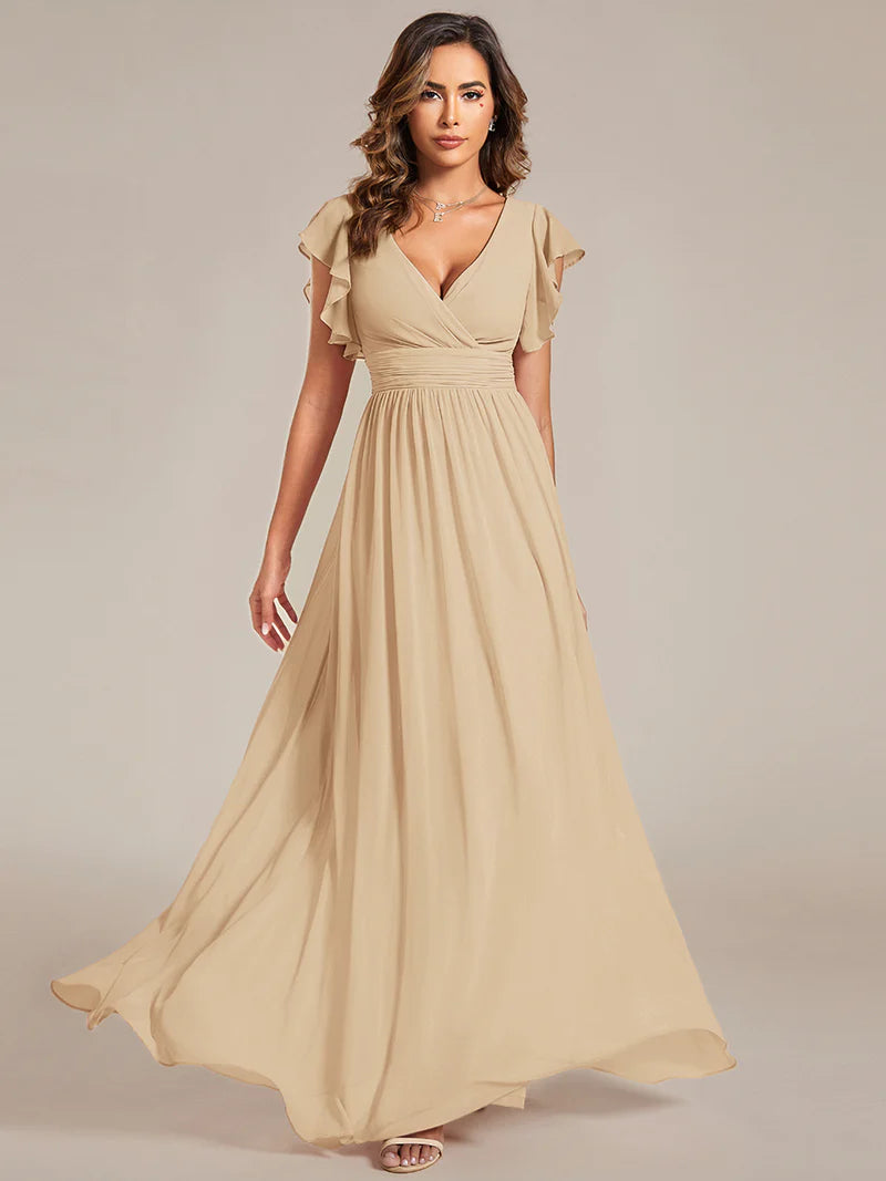 V-Neck Ruffle Bridesmaid Dress – Pleated & Belted Chiffon Gown