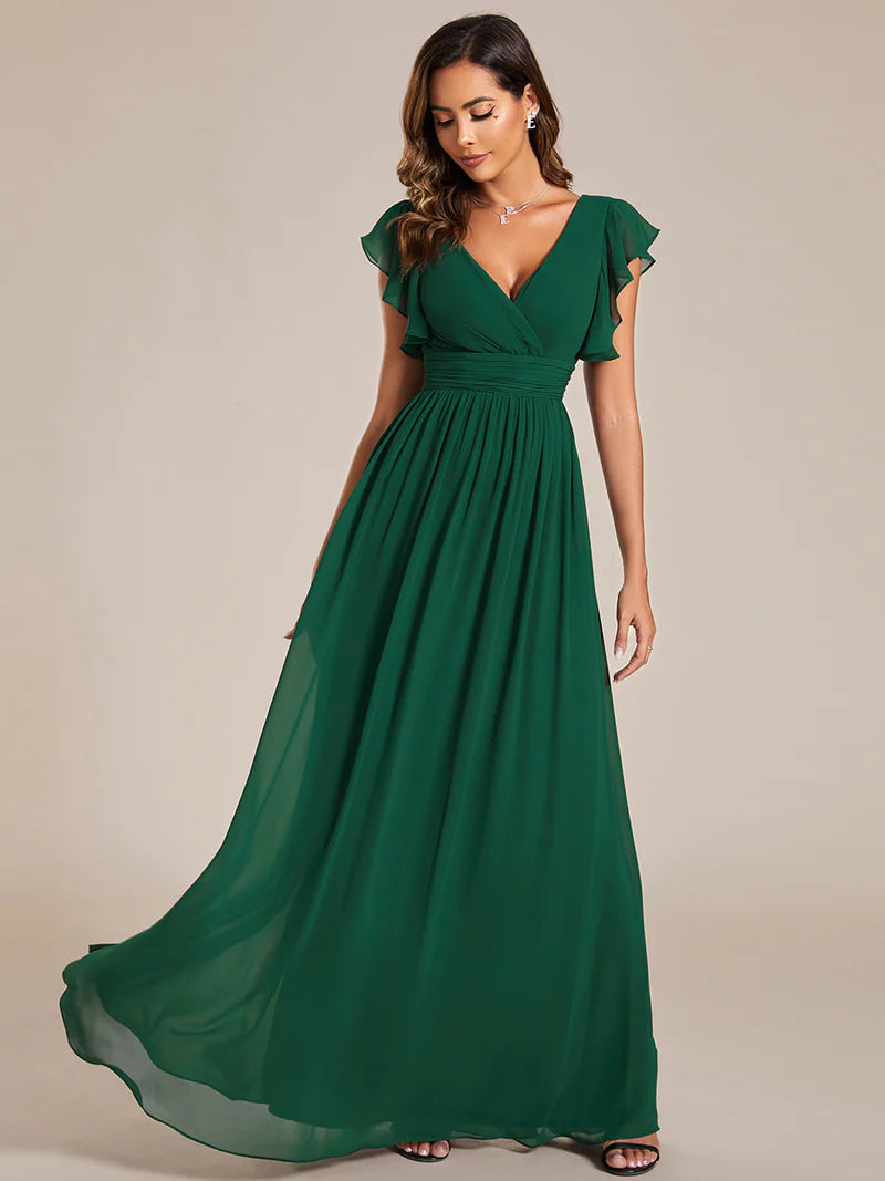 V-Neck Ruffle Bridesmaid Dress – Pleated & Belted Chiffon Gown