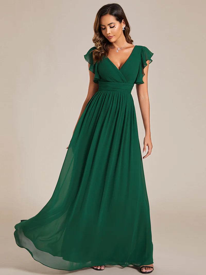 V-Neck Ruffle Bridesmaid Dress – Pleated & Belted Chiffon Gown - Biamonde