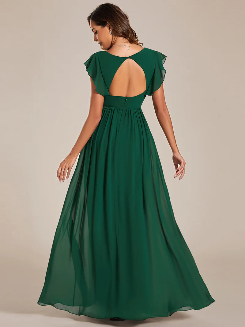 V-Neck Ruffle Bridesmaid Dress – Pleated & Belted Chiffon Gown