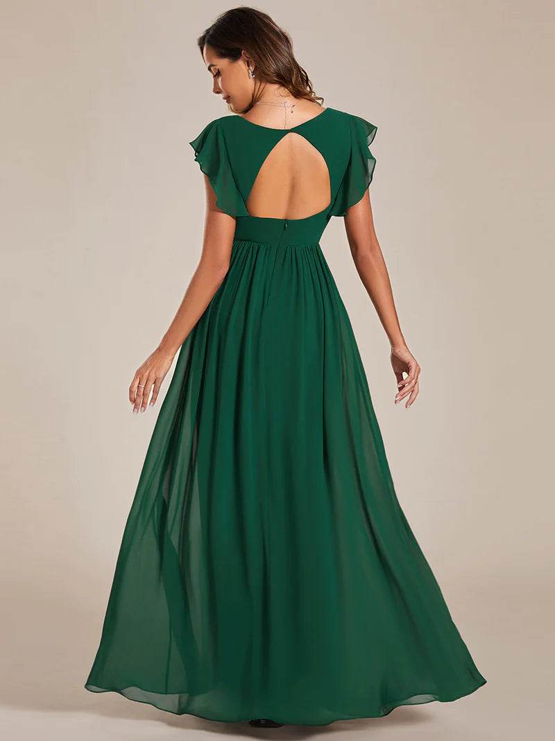 V-Neck Ruffle Bridesmaid Dress – Pleated & Belted Chiffon Gown - Biamonde