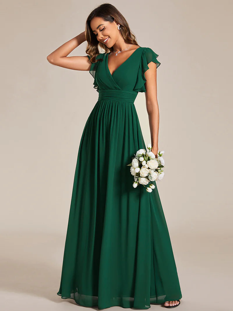 V-Neck Ruffle Bridesmaid Dress – Pleated & Belted Chiffon Gown