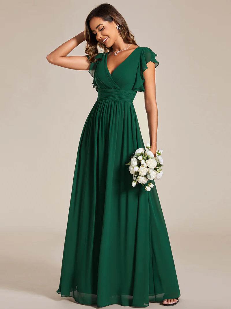 V-Neck Ruffle Bridesmaid Dress – Pleated & Belted Chiffon Gown - Biamonde