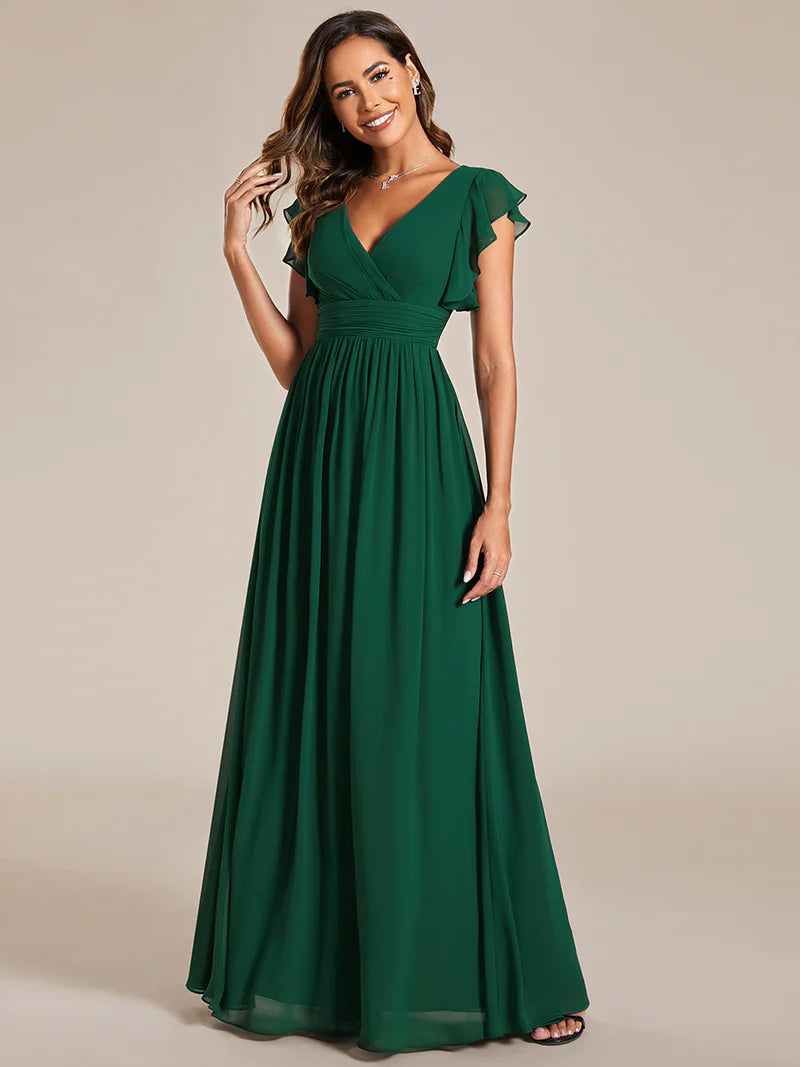 V-Neck Ruffle Bridesmaid Dress – Pleated & Belted Chiffon Gown