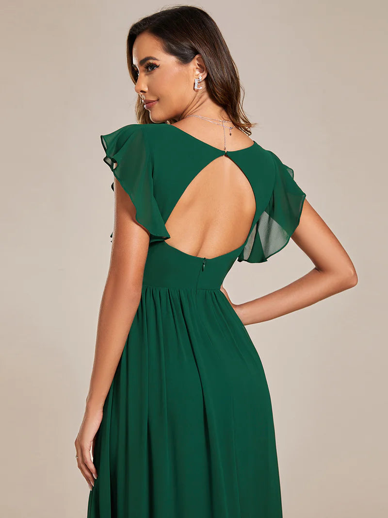 V-Neck Ruffle Bridesmaid Dress – Pleated & Belted Chiffon Gown