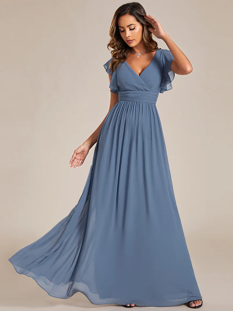 V-Neck Ruffle Bridesmaid Dress – Pleated & Belted Chiffon Gown