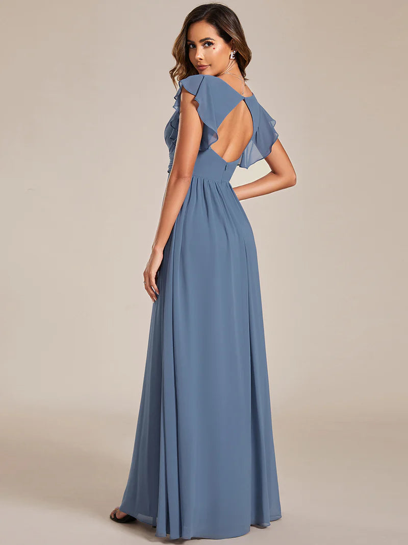 V-Neck Ruffle Bridesmaid Dress – Pleated & Belted Chiffon Gown