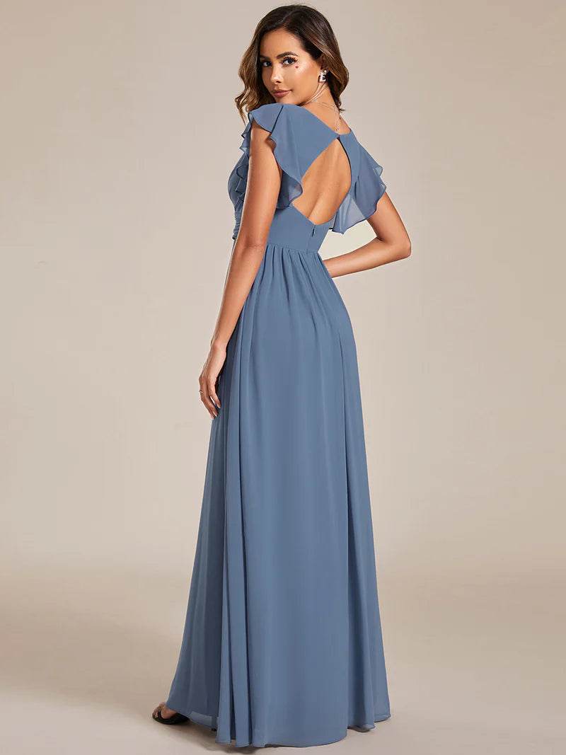 V-Neck Ruffle Bridesmaid Dress – Pleated & Belted Chiffon Gown - Biamonde