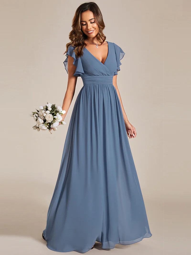 V-Neck Ruffle Bridesmaid Dress – Pleated & Belted Chiffon Gown
