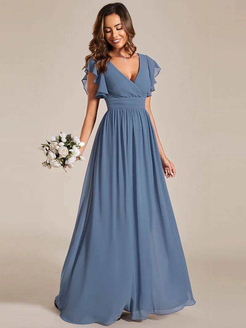 V-Neck Ruffle Bridesmaid Dress – Pleated & Belted Chiffon Gown - Biamonde