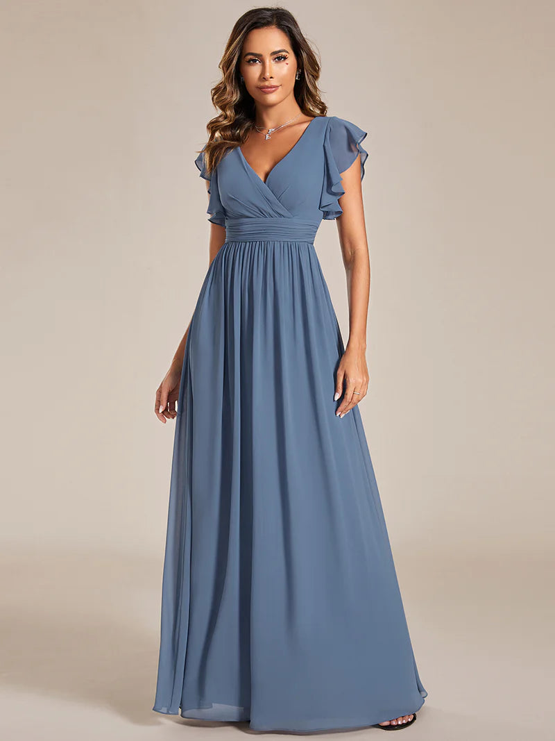 V-Neck Ruffle Bridesmaid Dress – Pleated & Belted Chiffon Gown