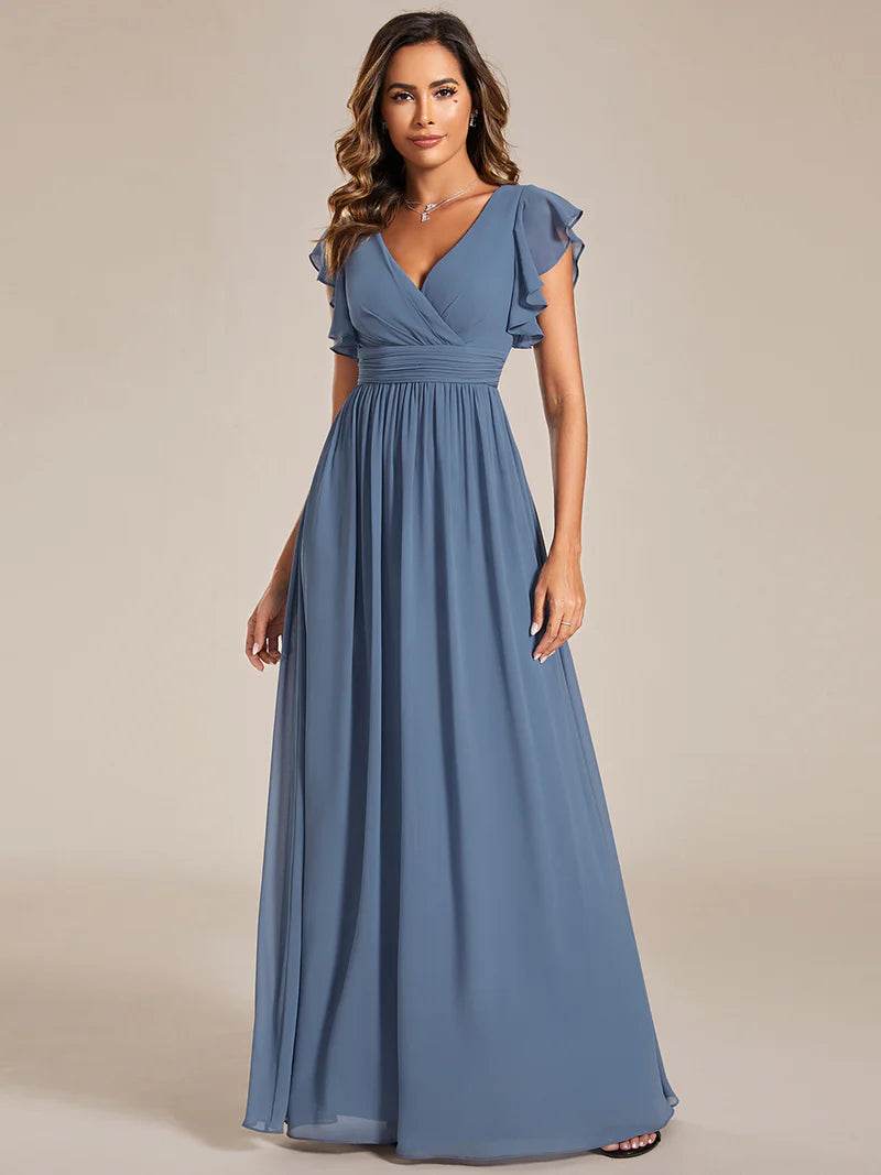 V-Neck Ruffle Bridesmaid Dress – Pleated & Belted Chiffon Gown - Biamonde