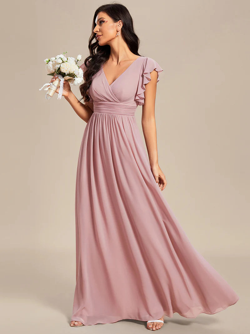 V-Neck Ruffle Bridesmaid Dress – Pleated & Belted Chiffon Gown