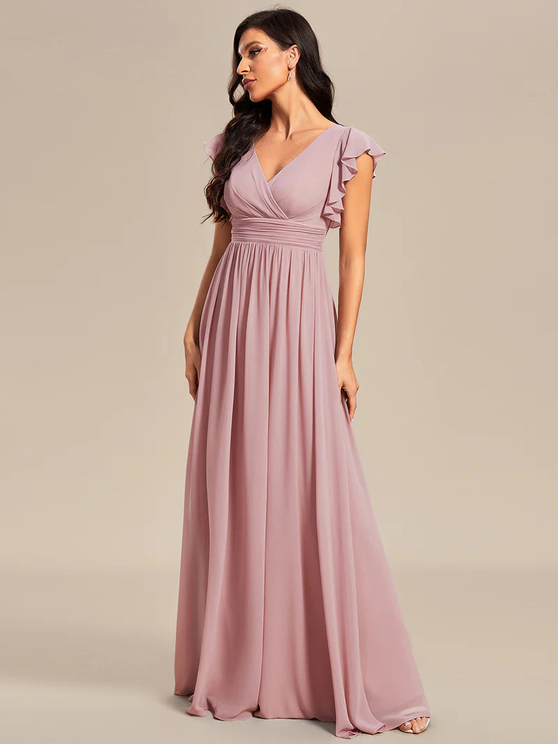 V-Neck Ruffle Bridesmaid Dress – Pleated & Belted Chiffon Gown