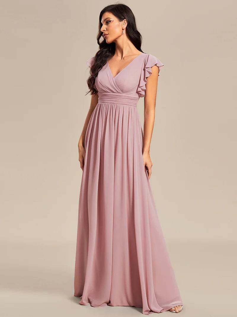 V-Neck Ruffle Bridesmaid Dress – Pleated & Belted Chiffon Gown - Biamonde