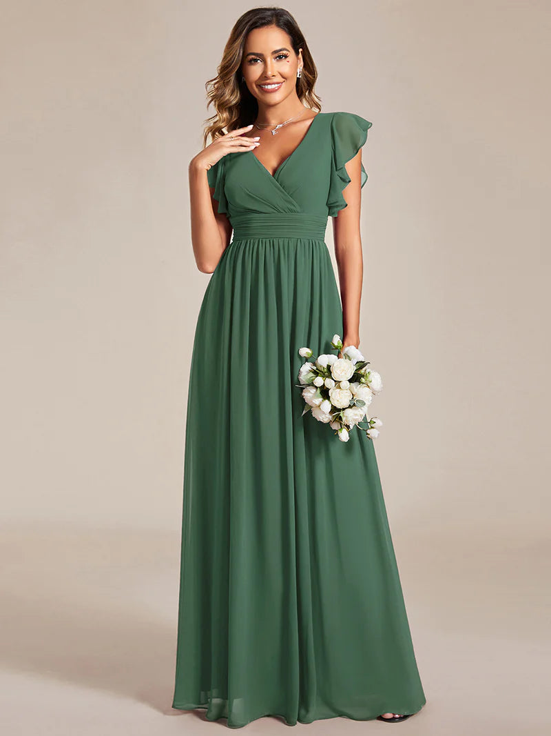 V-Neck Ruffle Bridesmaid Dress – Pleated & Belted Chiffon Gown