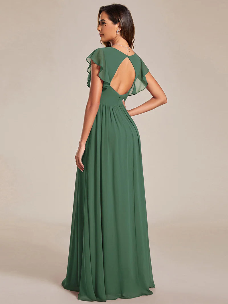 V-Neck Ruffle Bridesmaid Dress – Pleated & Belted Chiffon Gown
