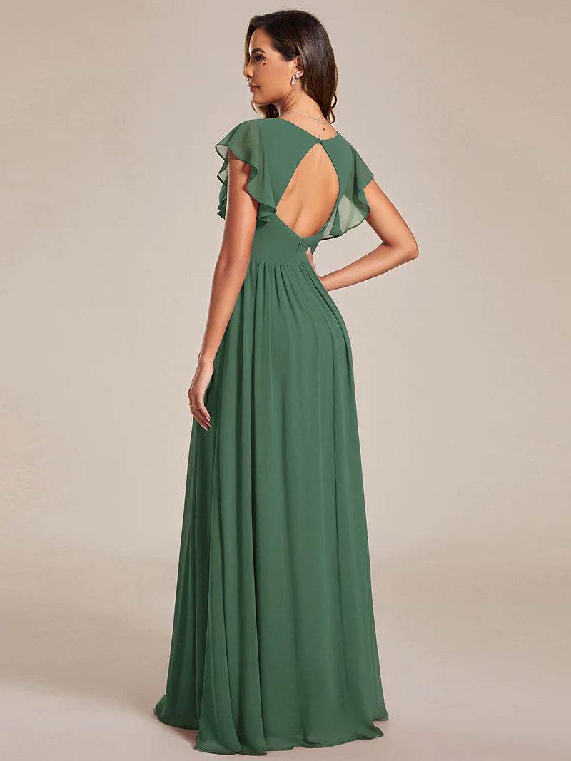 V-Neck Ruffle Bridesmaid Dress – Pleated & Belted Chiffon Gown - Biamonde