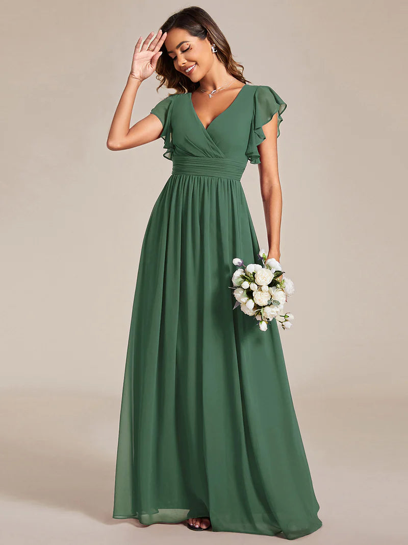 V-Neck Ruffle Bridesmaid Dress – Pleated & Belted Chiffon Gown