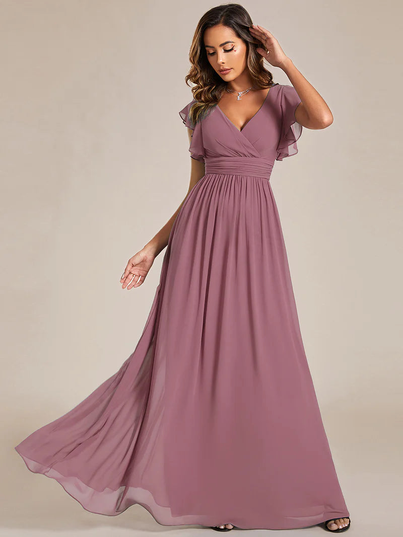 V-Neck Ruffle Bridesmaid Dress – Pleated & Belted Chiffon Gown